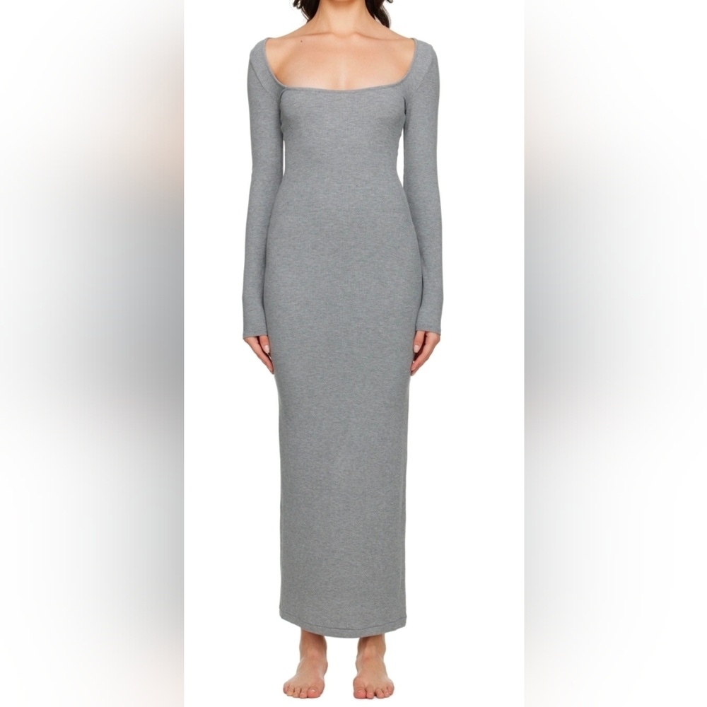 NWT SKIMS Gray Soft Lounge Rib Long Sleeve Dress
